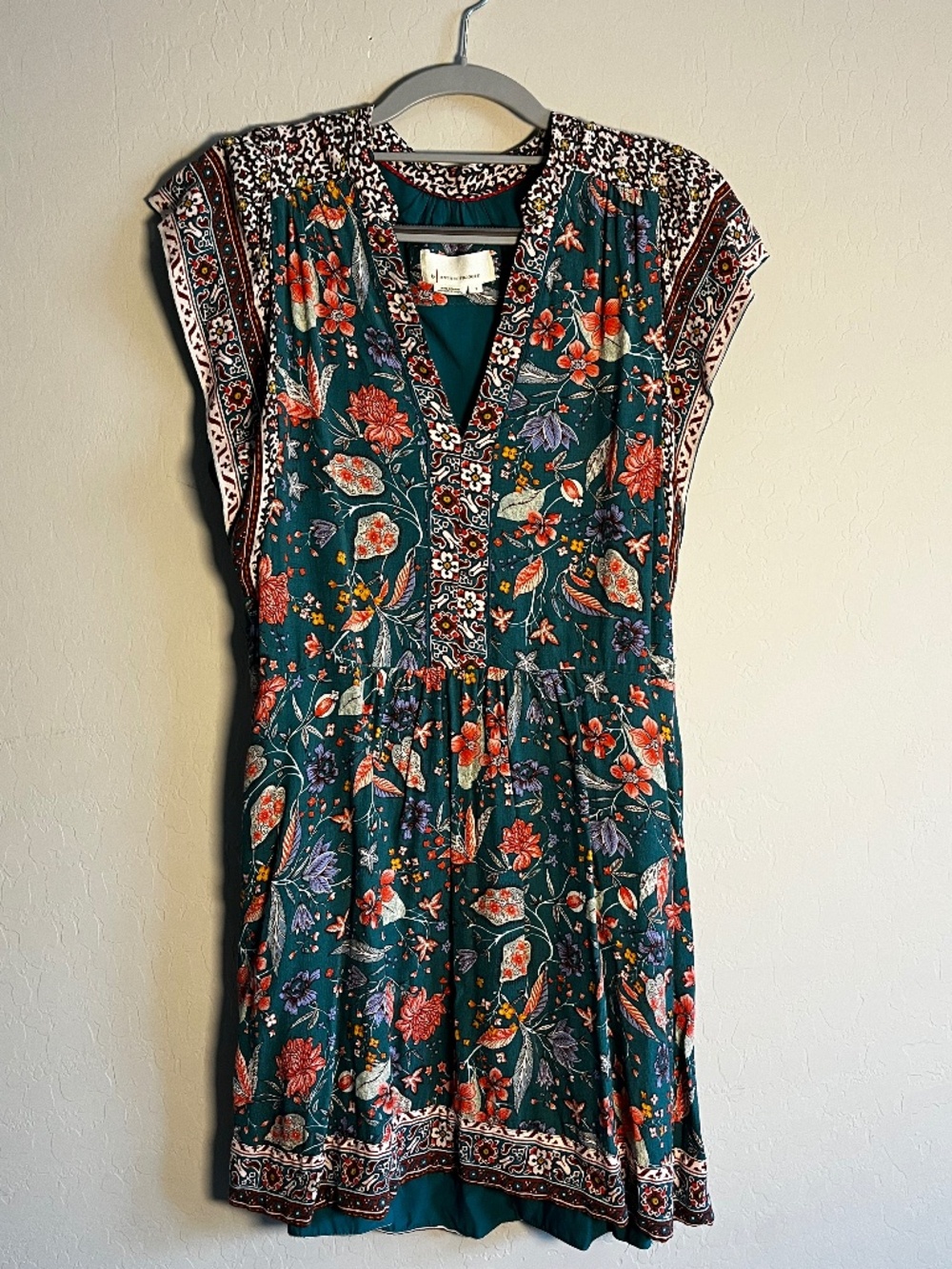 Anthropologie Zenia Green Floral Dress size Small S EUC
